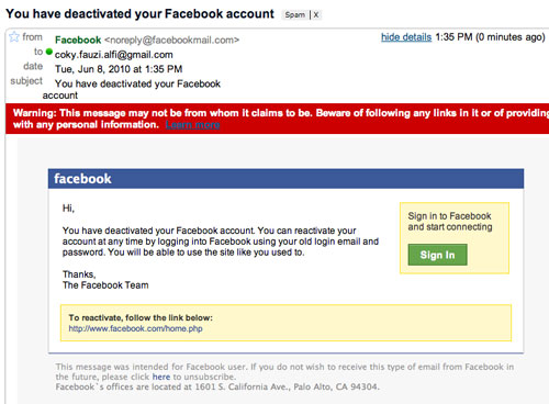 Facebook Di Spam. Email Spam: You Have Deactivated Your Facebook Account